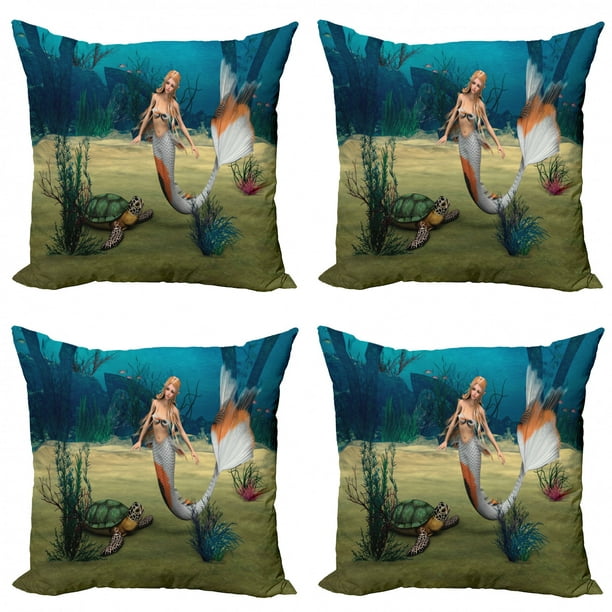 Summer Mermaid Pillow Covers 16x16 Set of 2 Cute Blue Marine Square Pillow Case Cushion Case for Home Sofa Bed Office Car 